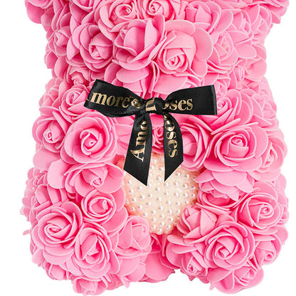 Amore Rose Bear w Pearl Heart & Black Bow Pink (25cmH)