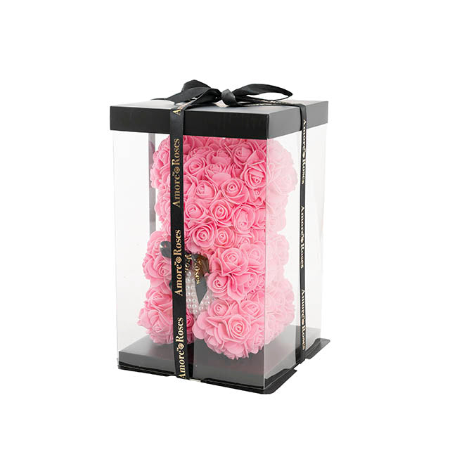 Amore Rose Bear w Pearl Heart & Black Bow Pink (25cmH)