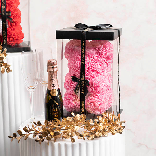 Amore Rose Bear w Pearl Heart & Black Bow Pink (25cmH)