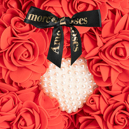 Amore Rose Bear w Pearl Heart & Black Bow Red (25cmH)