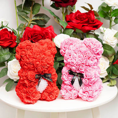 Amore Rose Bear w Pearl Heart & Black Bow Red (25cmH)
