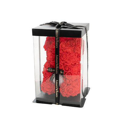 Amore Rose Bear w Pearl Heart & Black Bow Red (25cmH)