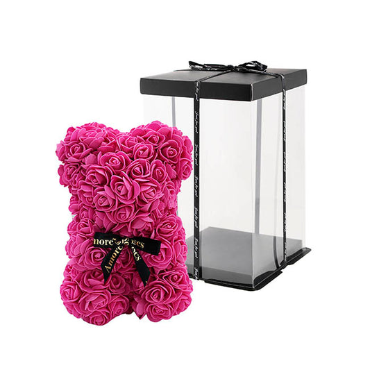 Amore Rose Bear w Black Bow Hot Pink (25cmH)