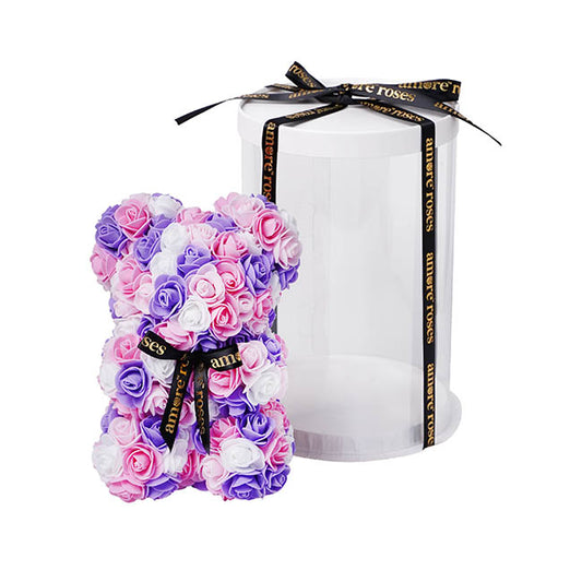 Amore Rose Bear w Black Bow Pink & Purple (25cmH)