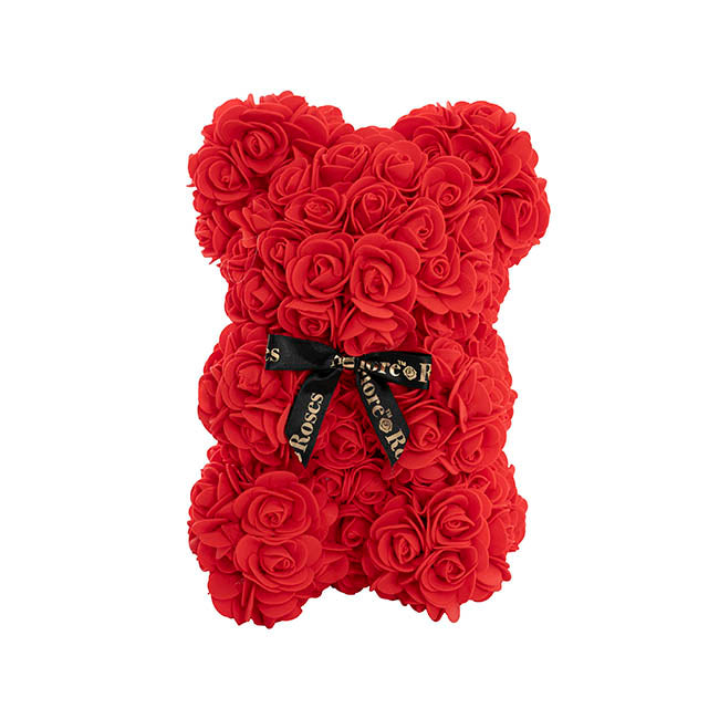 Amore Rose Bear w Black Bow Red (25cmH)