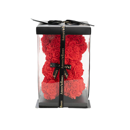 Amore Rose Bear w Black Bow Red (25cmH)