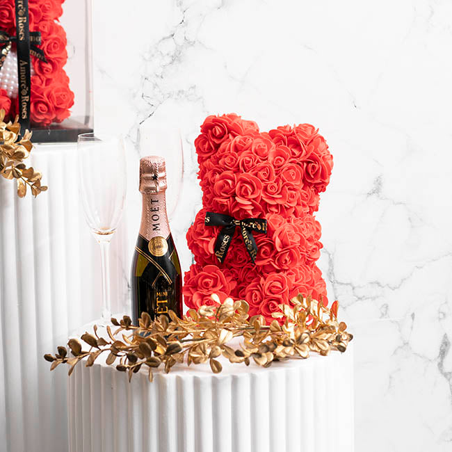 Amore Rose Bear w Black Bow Red (25cmH)