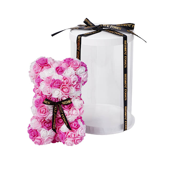 Amore Rose Bear w Black Bow Hot Pink & White (25cmH)