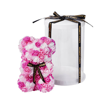 Amore Rose Bear w Black Bow Hot Pink & White (25cmH)
