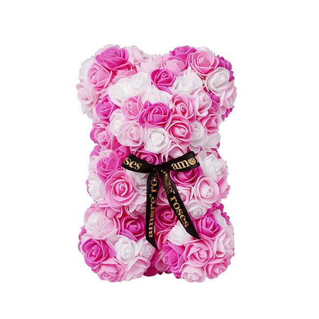 Amore Rose Bear w Black Bow Hot Pink & White (25cmH)