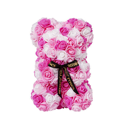 Amore Rose Bear w Black Bow Hot Pink & White (25cmH)