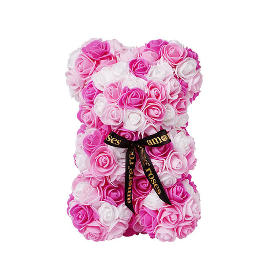 Amore Rose Bear w Black Bow Hot Pink & White (25cmH)