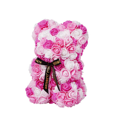 Amore Rose Bear w Black Bow Hot Pink & White (25cmH)