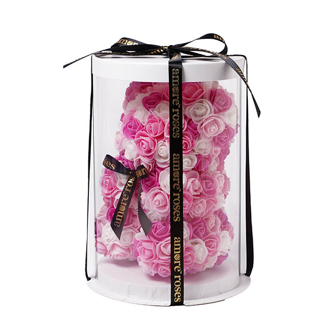 Amore Rose Bear w Black Bow Hot Pink & White (25cmH)