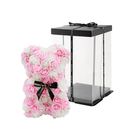 Amore Rose Bear w Black Bow Pink & White (25cmH)