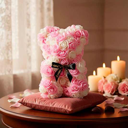 Amore Rose Bear w Black Bow Pink & White (25cmH)