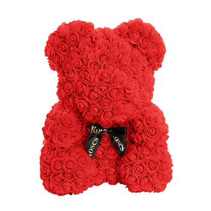 Amore Rose Bear Large w Black Bow Red (35cmH)