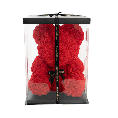 Amore Rose Bear Large w Black Bow Red (35cmH)