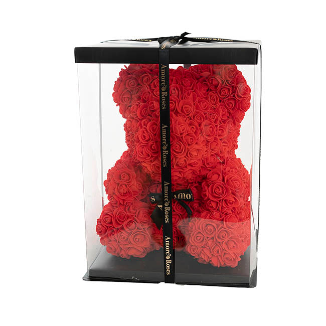 Amore Rose Bear Large w Black Bow Red (35cmH)