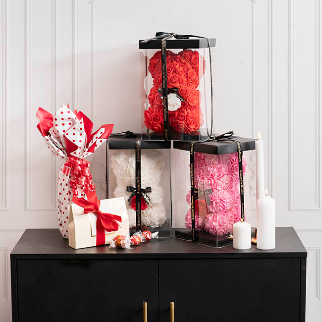 Amore Rose Bear w Red Flower & Black Bow Pink (25cmH)