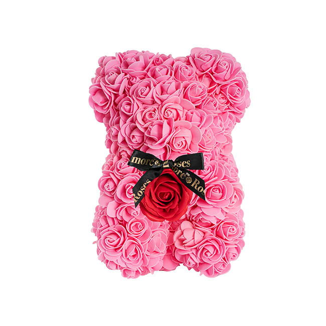 Amore Rose Bear w Red Flower & Black Bow Pink (25cmH)