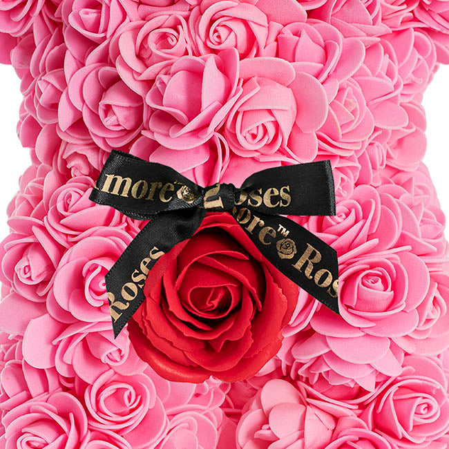 Amore Rose Bear w Red Flower & Black Bow Pink (25cmH)