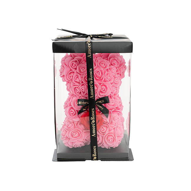 Amore Rose Bear w Red Flower & Black Bow Pink (25cmH)