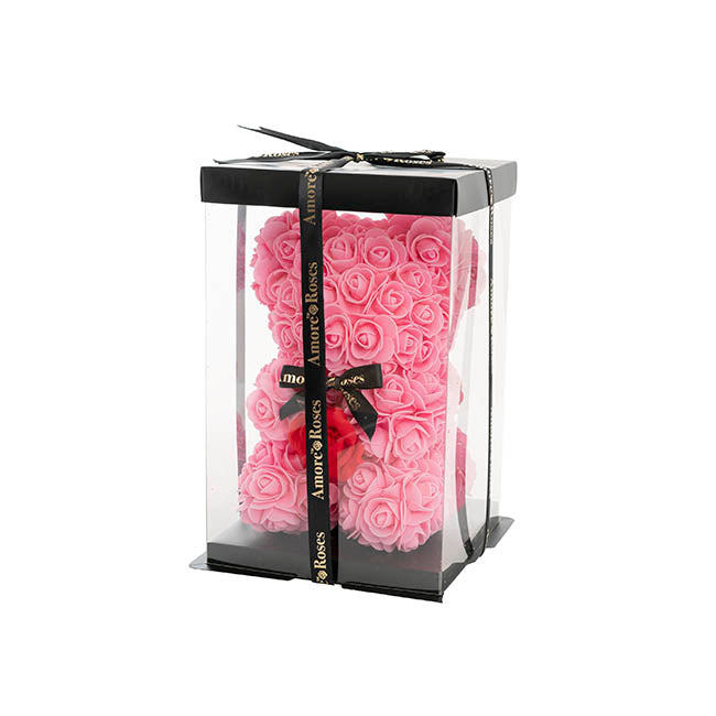 Amore Rose Bear w Red Flower & Black Bow Pink (25cmH)
