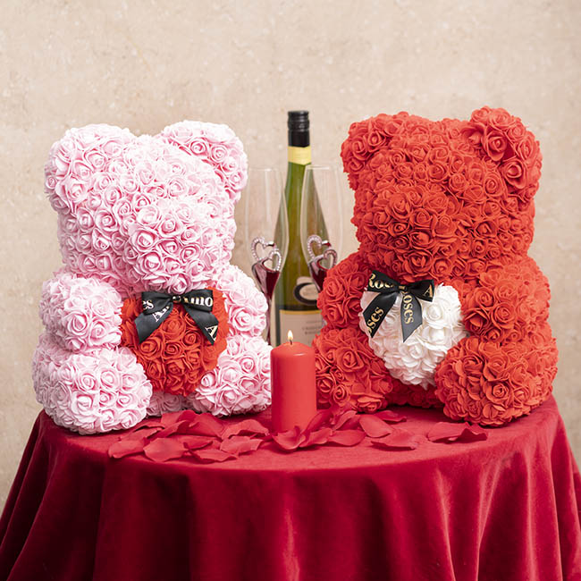 Amore Rose Bear Large w White Heart & Black Bow Red (35cmH)