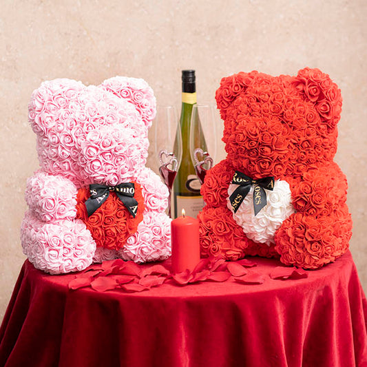 Amore Rose Bear Large w White Heart & Black Bow Red (35cmH)