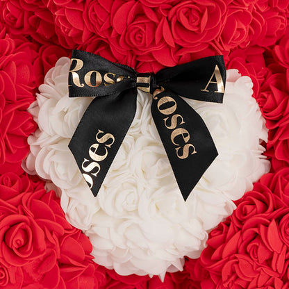 Amore Rose Bear Large w White Heart & Black Bow Red (35cmH)