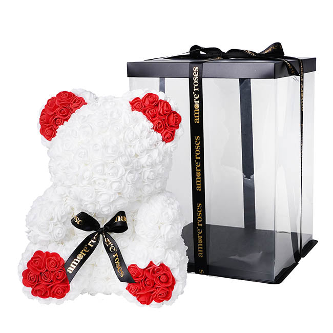 Amore Rose Bear Large w Red Feet & Ears White (35cmH)