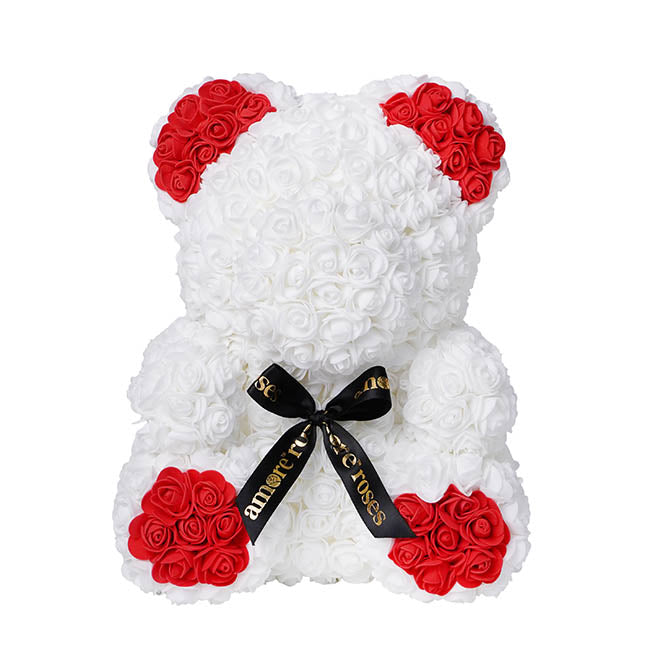 Amore Rose Bear Large w Red Feet & Ears White (35cmH)
