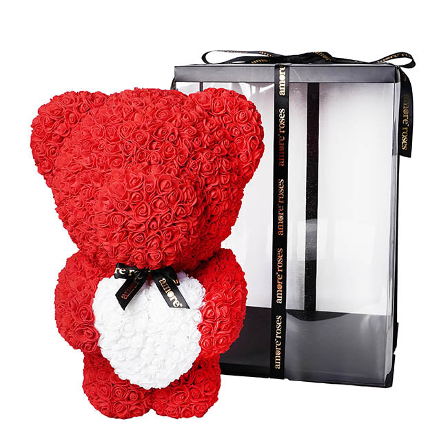 Amore Rose Standing Bear w White Heart Large Red (55cmH)