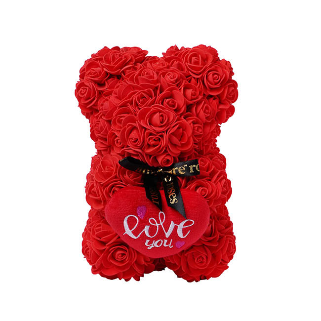 Amore Rose Bear w Love You Plush Heart Red (25cmH)