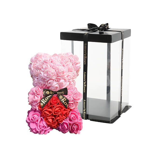 Amore Rose Bear w Heart & Black Bow Gradation Pink (25cmH)