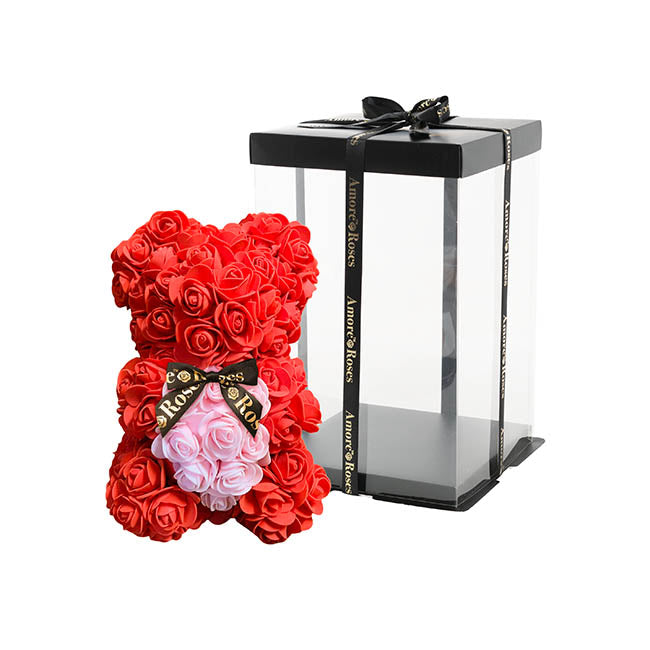 Amore Rose Bear w Heart & Black Bow Red (25cmH)