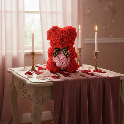 Amore Rose Bear w Heart & Black Bow Red (25cmH)