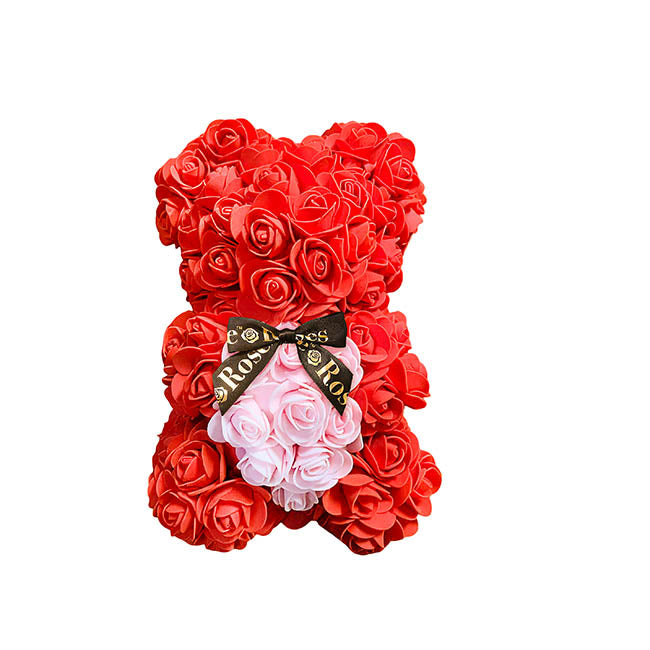 Amore Rose Bear w Heart & Black Bow Red (25cmH)