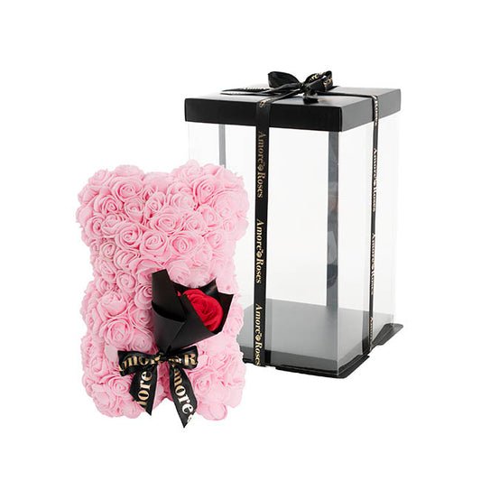Amore Rose Bear w Rose Bouquet Black Bow Soft Pink (25cmH)