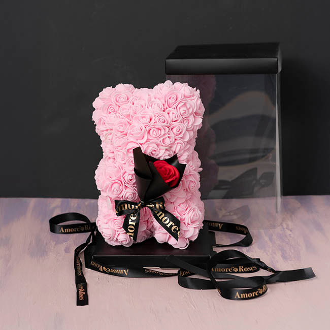 Amore Rose Bear w Rose Bouquet Black Bow Soft Pink (25cmH)