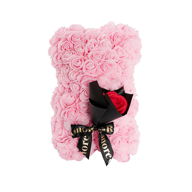 Amore Rose Bear w Rose Bouquet Black Bow Soft Pink (25cmH)