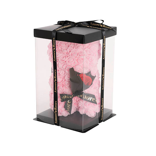 Amore Rose Bear w Rose Bouquet Black Bow Soft Pink (25cmH)