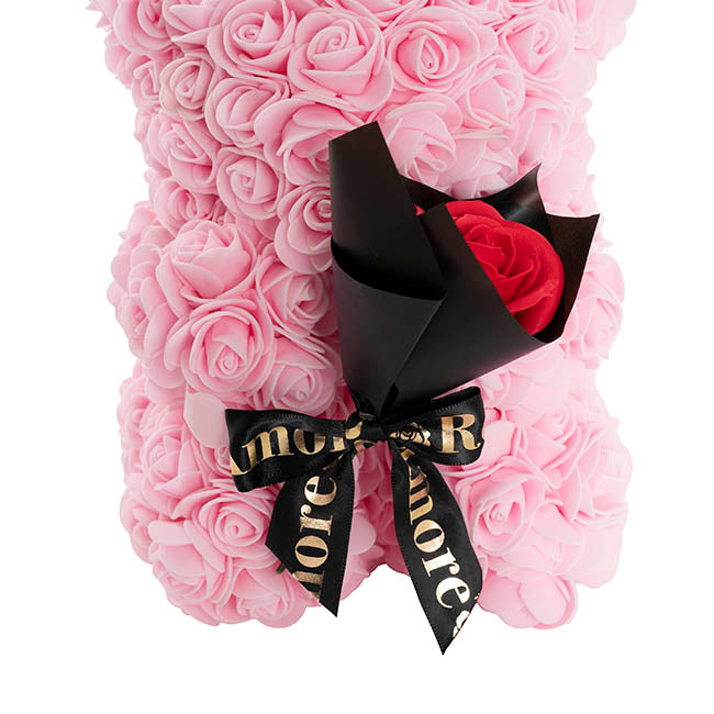 Amore Rose Bear w Rose Bouquet Black Bow Soft Pink (25cmH)
