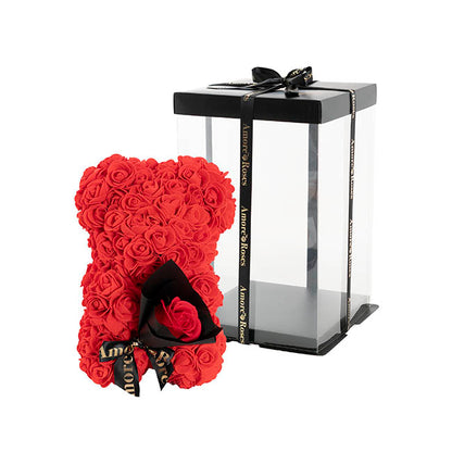 Amore Rose Bear w Rose Bouquet Black Bow Red (25cmH)