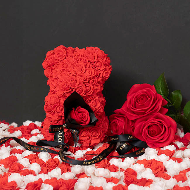 Amore Rose Bear w Rose Bouquet Black Bow Red (25cmH)