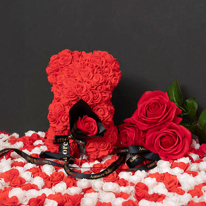 Amore Rose Bear w Rose Bouquet Black Bow Red (25cmH)