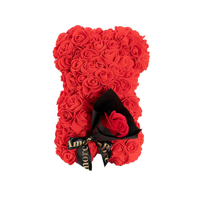 Amore Rose Bear w Rose Bouquet Black Bow Red (25cmH)