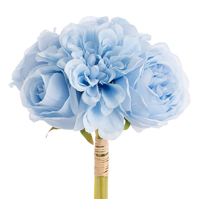 Dahlia & Cabbage Rose Bouquet Soft Blue (28cmH)