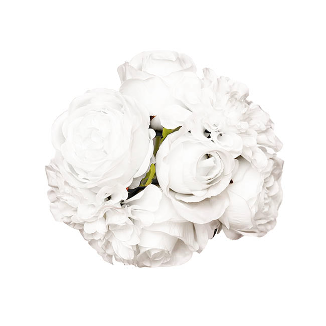 Dahlia & Cabbage Rose Bouquet Pure White (28cmH)